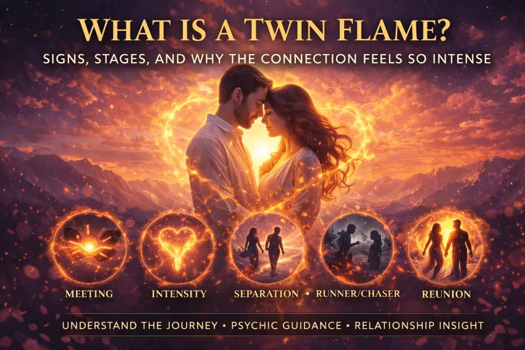 Couple surrounded by glowing energy illustrating twin flame connection, including stages like meeting, intensity, separation, runner chaser, and reunion