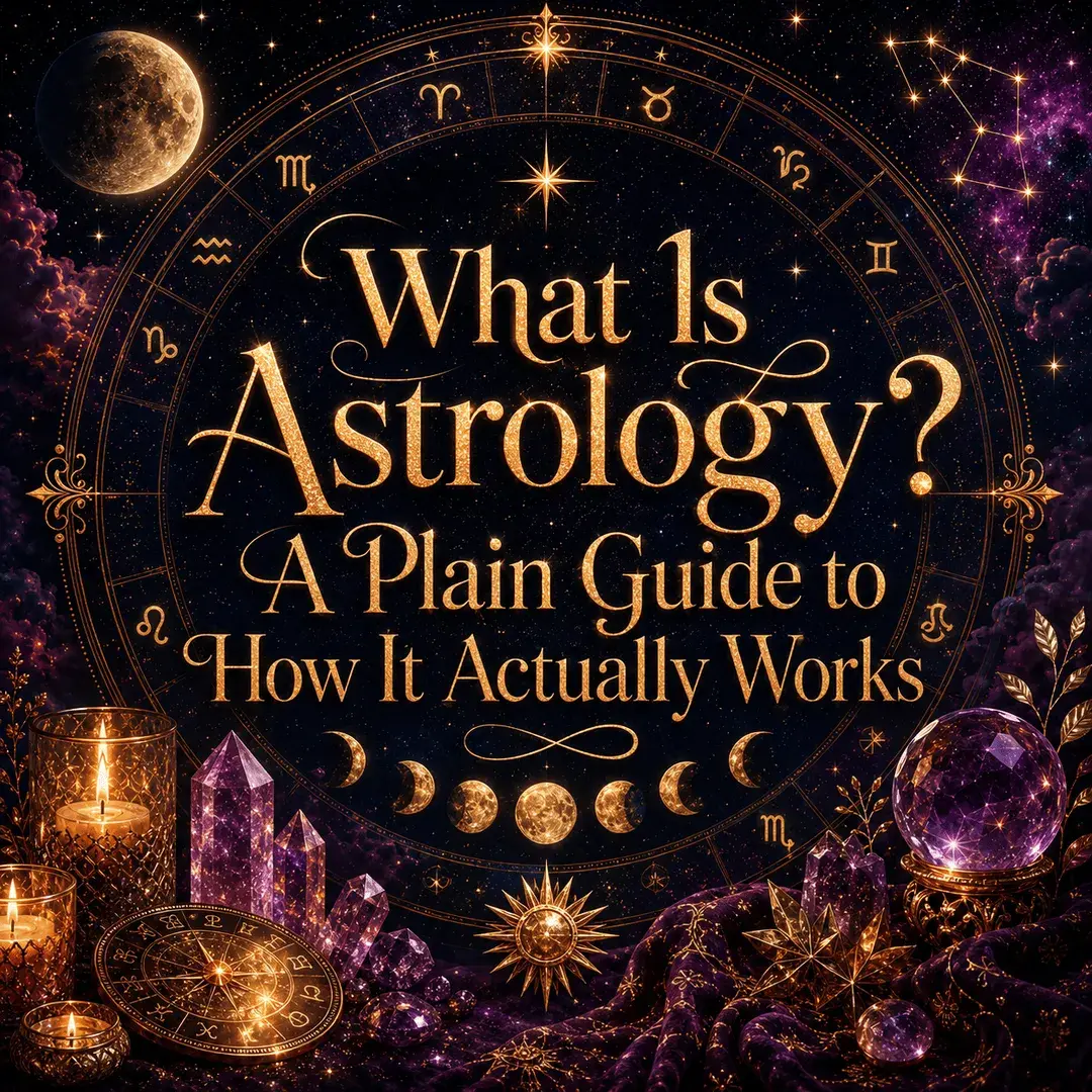 Celestial astrology image featuring a golden zodiac wheel, moon phases, stars, crystals, candles, and the title What Is Astrology? A Plain Guide to How It Actually Works.