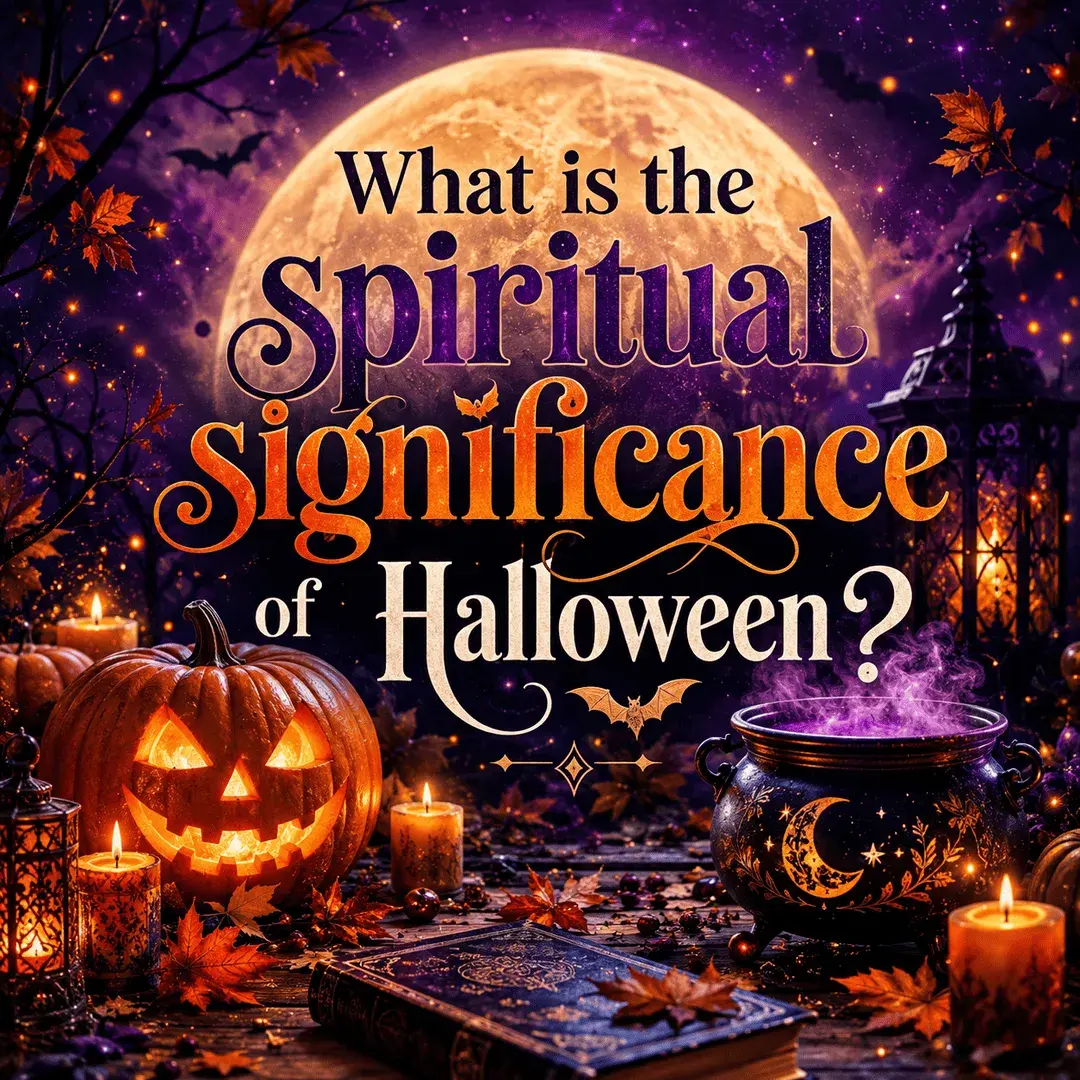 purple backgroung with an orange moon with the text "what is the spiritual signficance of halloween?" with a Jack O Lantern, tarot cards, bat and calduron 