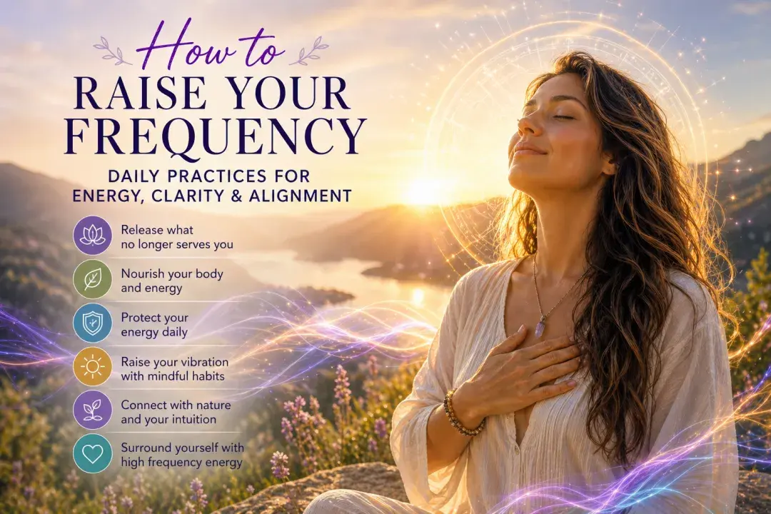 Woman in peaceful natural setting illustrating vibrational frequency energy, representing emotional clarity, intuition, and spiritual alignment