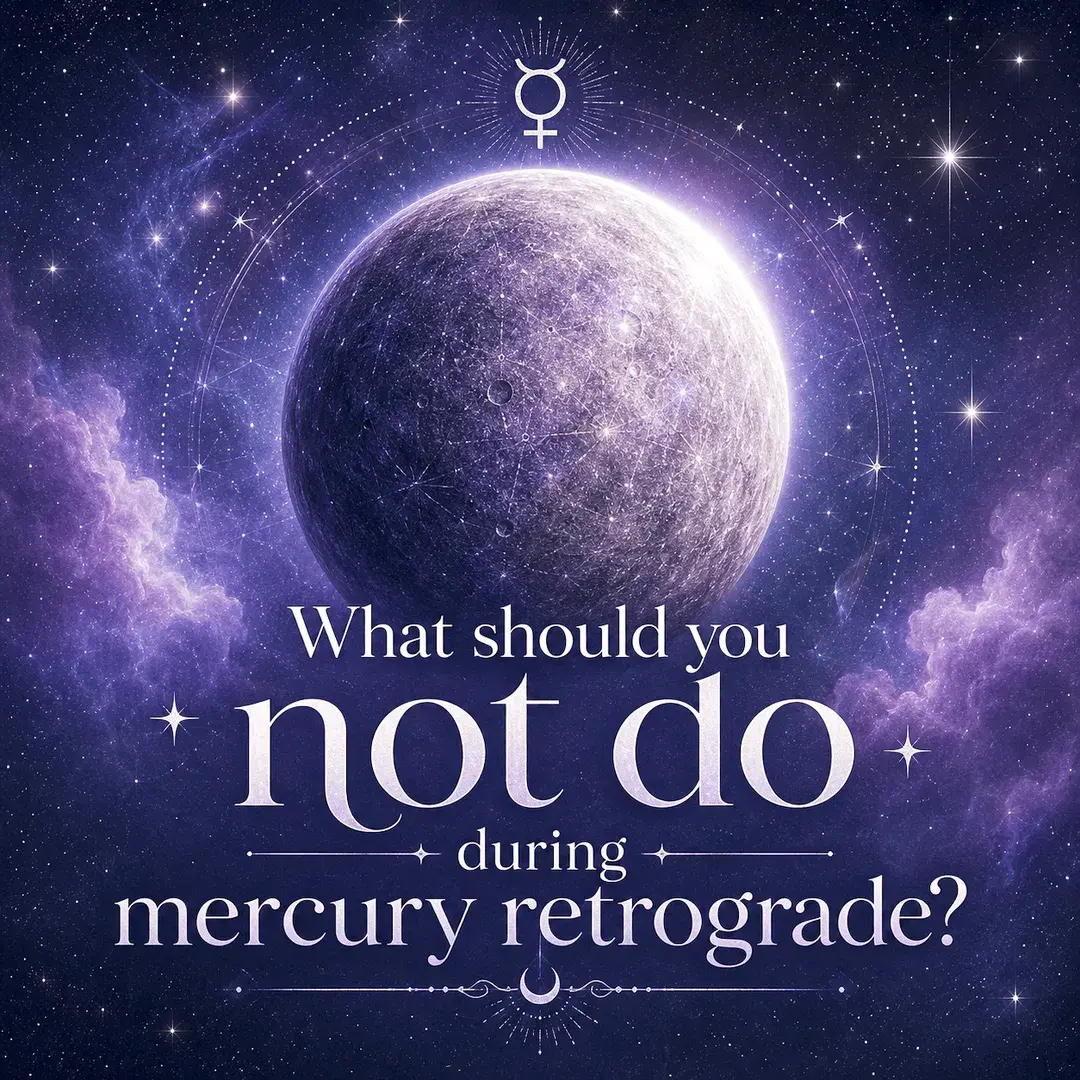 Mercury planet against a starry purple cosmic background with the title text “What should you not do during mercury retrograde?”