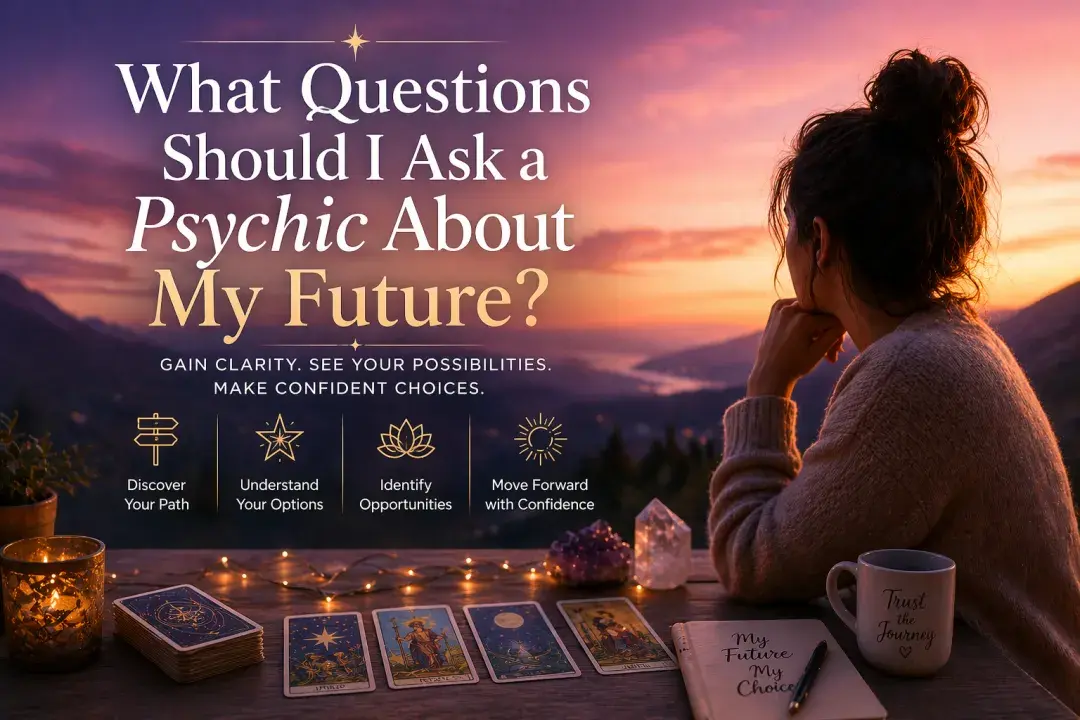 Woman looking toward the horizon at sunset with tarot cards and crystals representing future guidance, clarity, and insight from a psychic reading