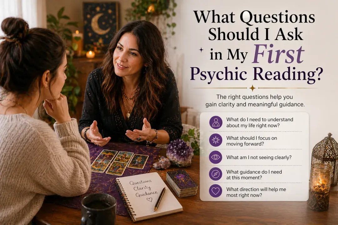 Woman having her first psychic reading with tarot cards and candles, representing guidance, clarity, and asking the right questions during a session