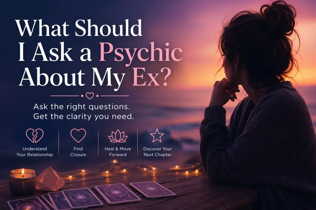 Woman reflecting on her ex at sunset with tarot cards and candlelight representing emotional clarity, healing, and guidance from a psychic reading