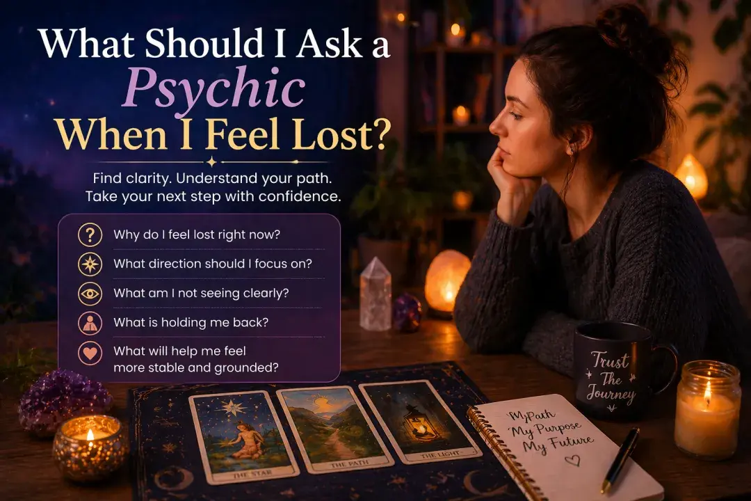 Woman feeling lost seeking clarity and guidance through a psychic reading with tarot cards and candles
