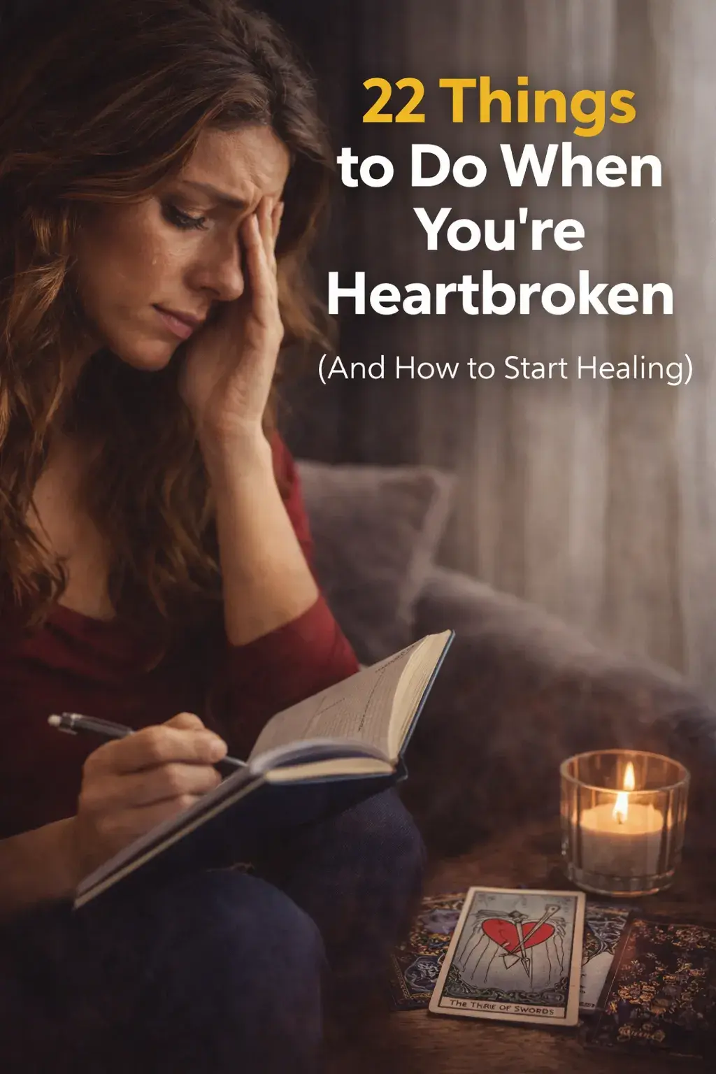 What to do when heartbroken image showing woman journaling with tarot cards and candle representing emotional healing and relationship recovery