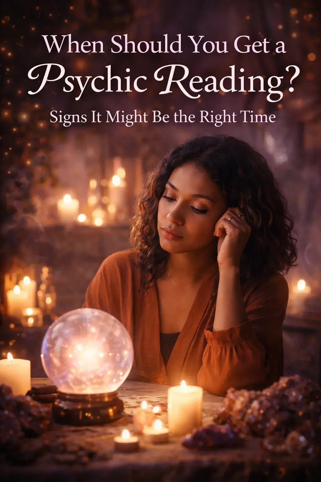 Woman reflecting quietly with candles and soft light, representing the right time to get a psychic reading for clarity and emotional guidance