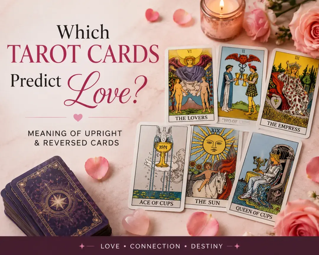 Romantic tarot card reading with The Lovers, Ace of Cups, and Empress cards, explaining which tarot cards predict love and reversed card meanings.