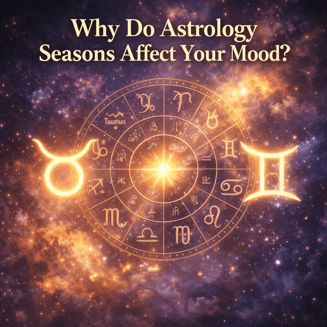 zodiac wheel with Taurus and Gemini symbols glowing in a cosmic sky representing astrology seasons and emotional energy shifts