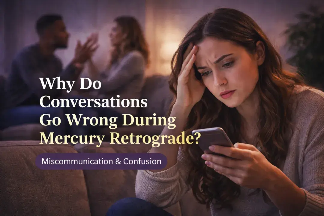 Frustrated woman looking at her phone while a couple argues in the background representing miscommunication and relationship conflict during Mercury Retrograde
