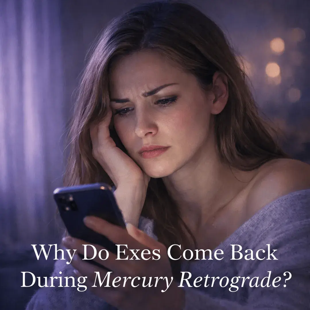 Frustrated woman looking at her phone feeling confused and emotional during Mercury Retrograde as an ex reappears unexpectedly