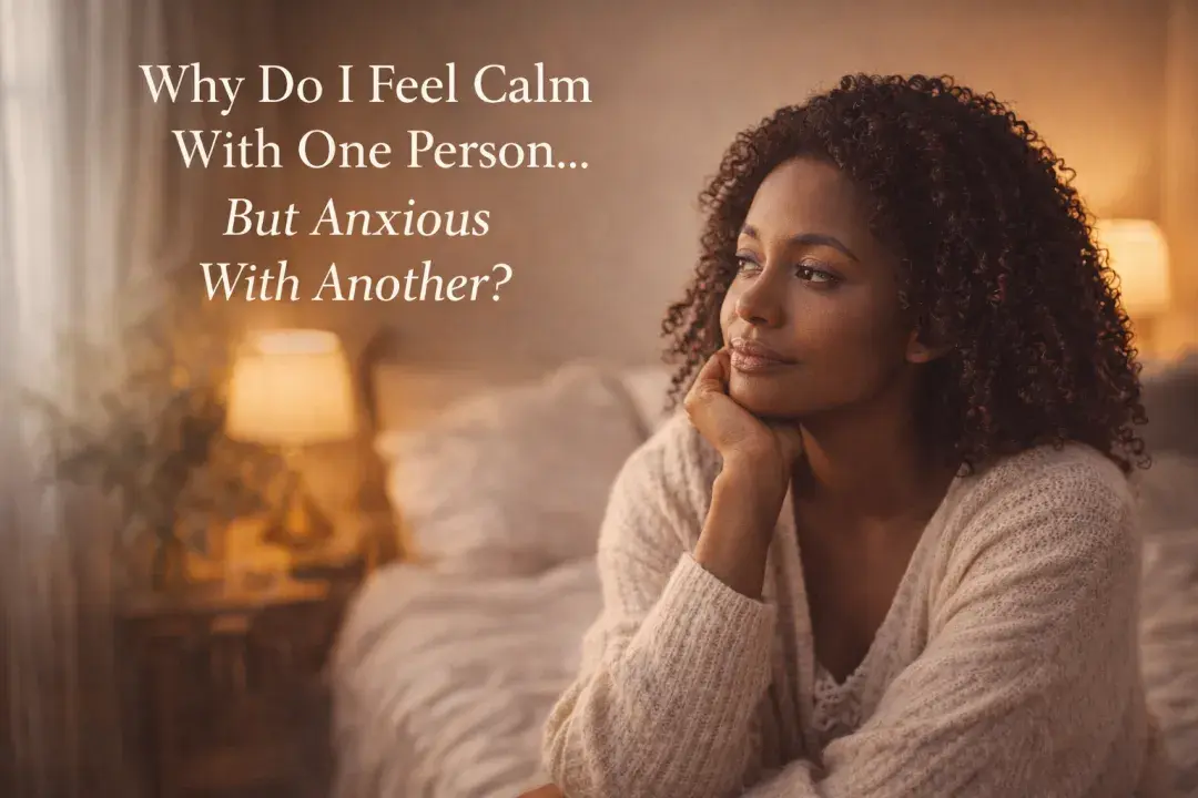 Thoughtful woman sitting on a bed reflecting on why she feels calm with one person but anxious with another in a relationship