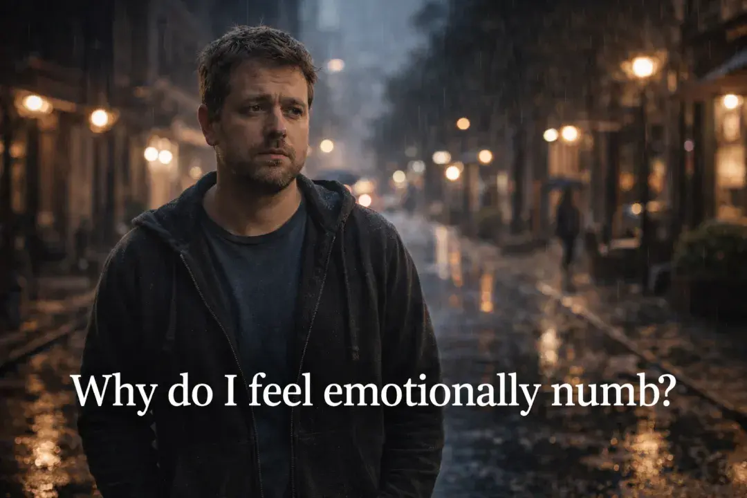 Man standing alone on a rainy street symbolizing emotional numbness and feeling disconnected