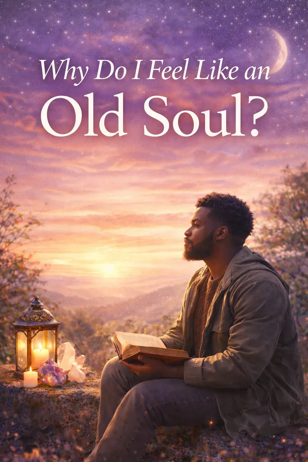 man reflecting at sunset with candle and crystals symbolizing feeling like an old soul