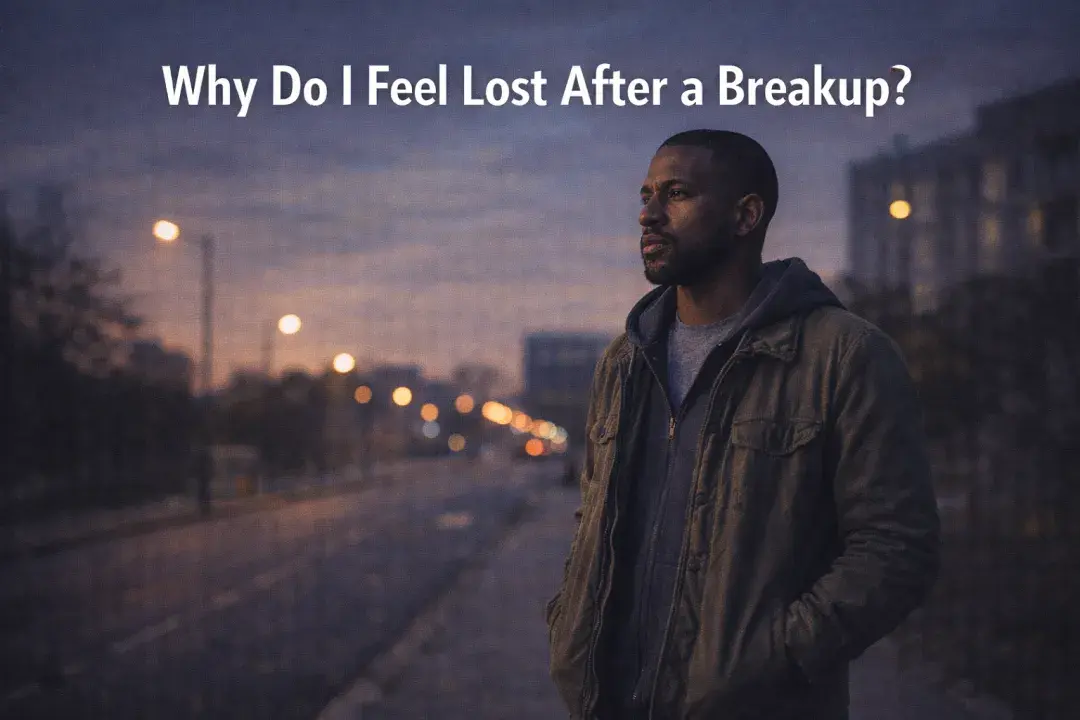 Black man standing alone at dusk feeling lost and uncertain after a breakup