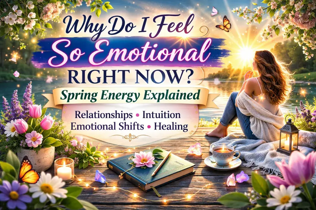 Spring sunrise woman in blooming meadow with text Why Do I Feel So Emotional Right Now Spring Energy Explained