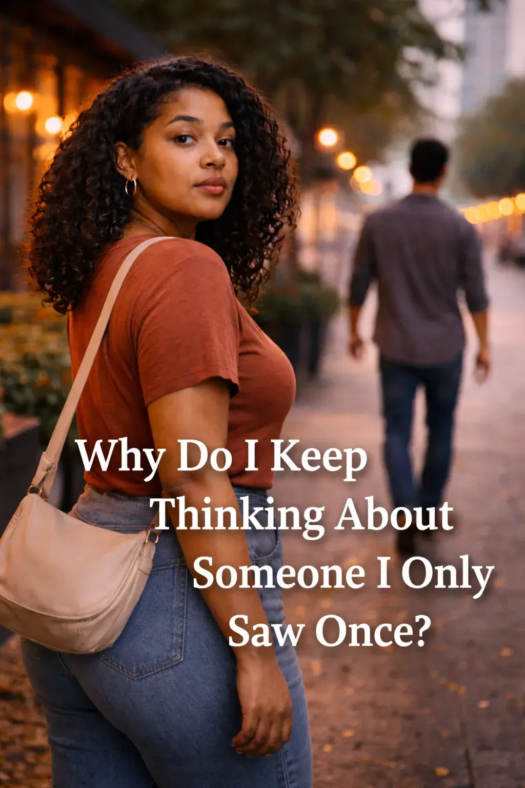 woman looking back thoughtfully at a man walking away, representing thinking about someone she only saw once and feeling a lingering emotional connection