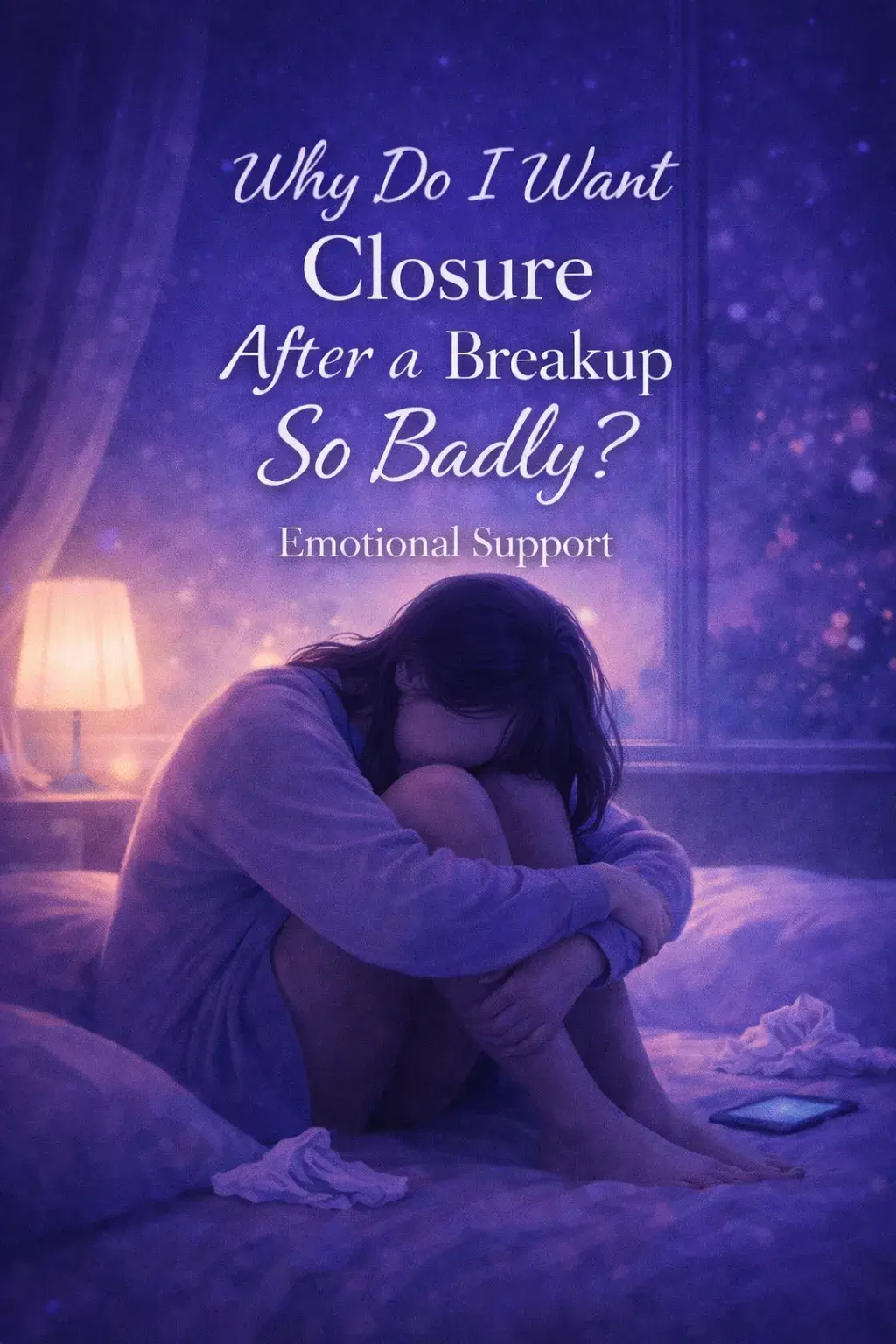 Faceless person sitting alone at night in violet and blue tones, representing emotional pain and the desire for closure after a breakup.