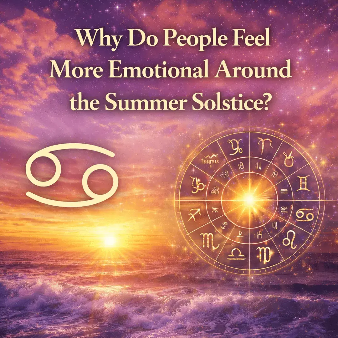 Cancer zodiac symbol with sunrise over ocean waves and glowing zodiac wheel representing emotional energy during the summer solstice