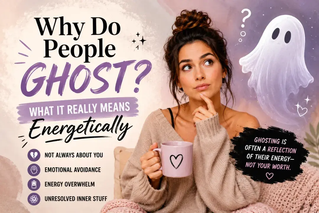 Woman looking thoughtful while holding a mug beside a soft ghost illustration, representing why people ghost and what ghosting may mean energetically.
