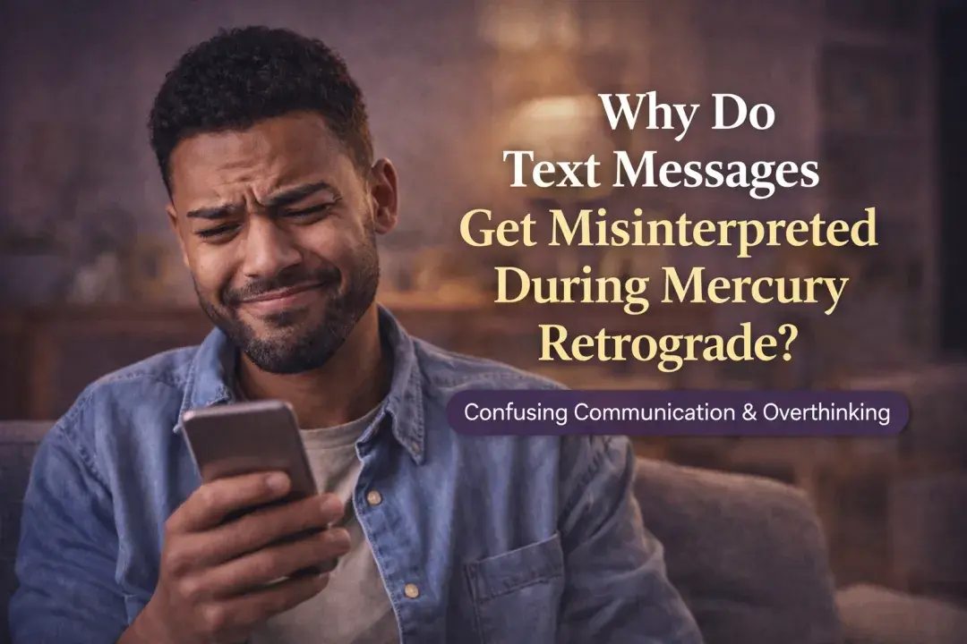Man cringing while looking at his phone showing confusion and overthinking caused by misinterpreted text messages during Mercury Retrograde