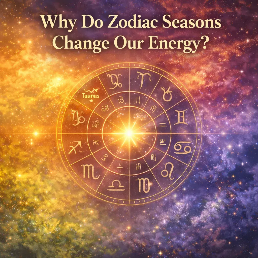 glowing zodiac wheel in a cosmic sky representing how zodiac seasons shift emotional and spiritual energy