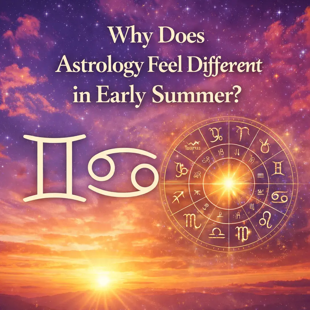 Gemini and Cancer zodiac symbols with glowing zodiac wheel representing the astrology shift during early summer