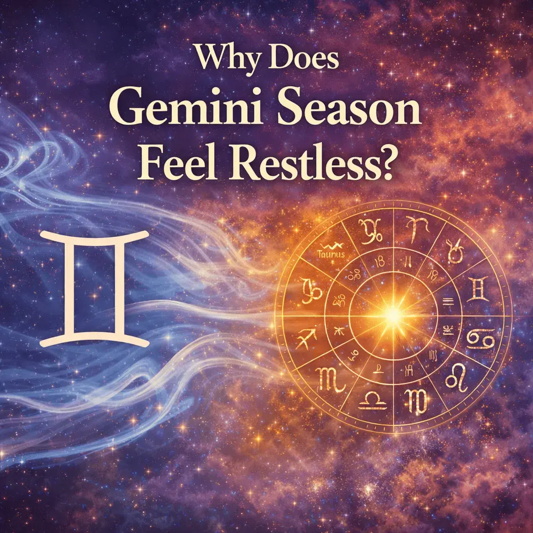 Gemini zodiac symbol with swirling air energy and glowing zodiac wheel representing the restless and curious energy of Gemini season