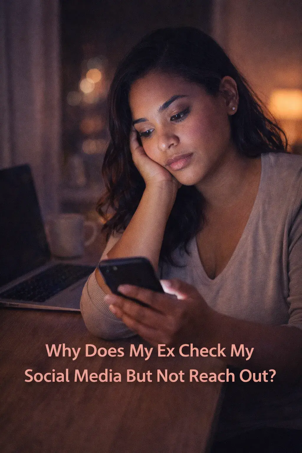 woman checking her phone wondering why her ex keeps checking her social media but never reaches out