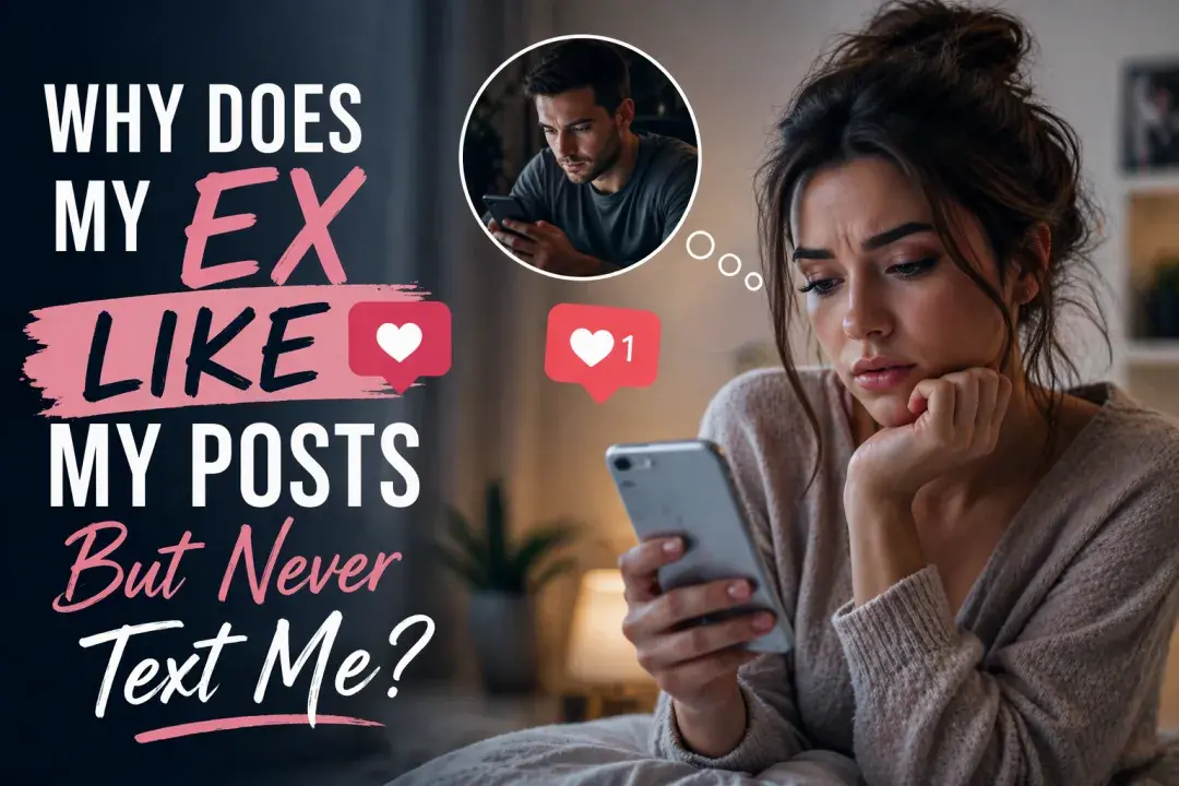 Woman looking at her phone with mixed emotions after noticing her ex liking her social media posts but not texting, symbolizing confusion and emotional uncertainty after a breakup.