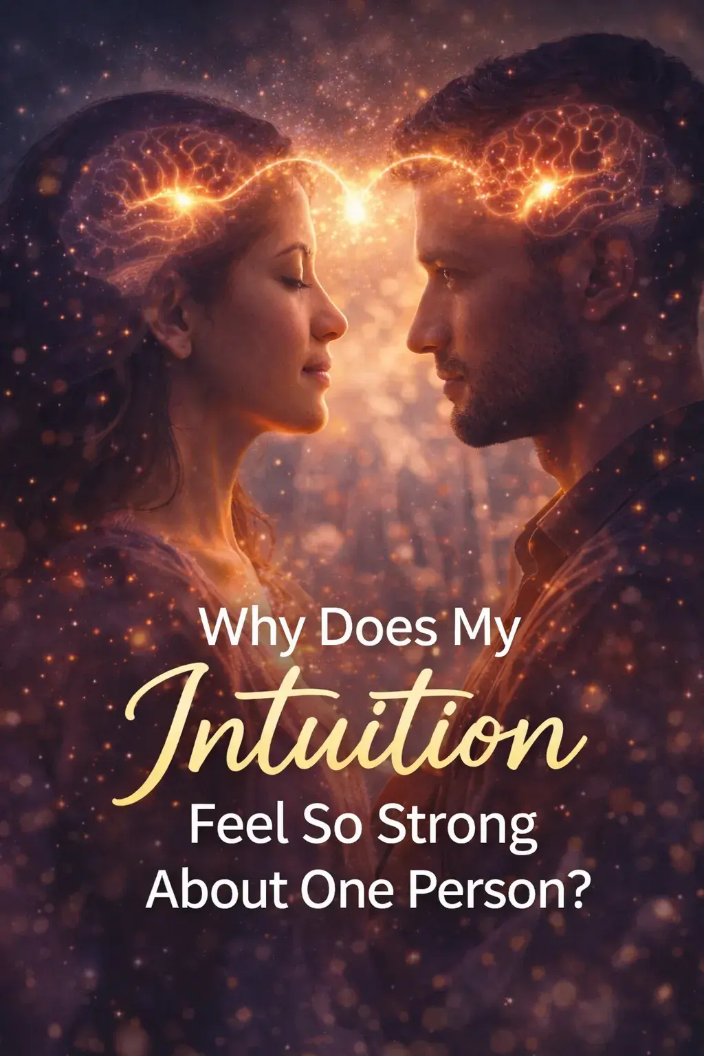 Man and woman facing each other with glowing connection between their minds, representing a strong intuitive and emotional connection between two people