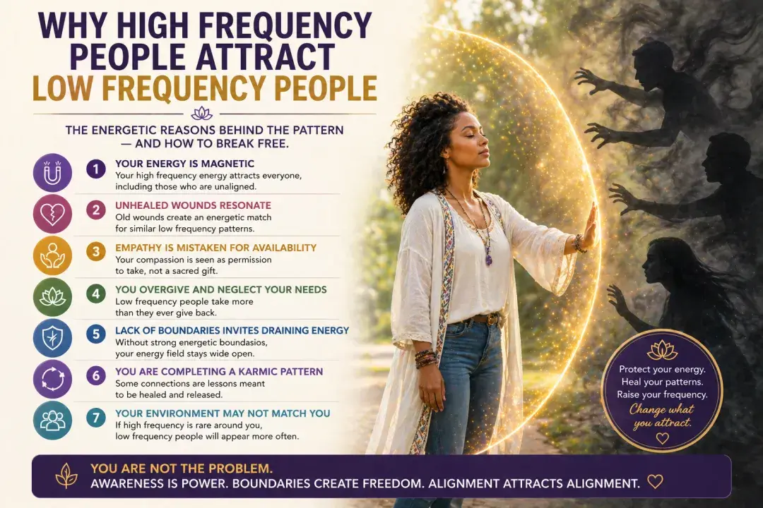 High frequency woman creating energetic boundary while low frequency figures reach toward her, representing why high frequency people attract draining relationships