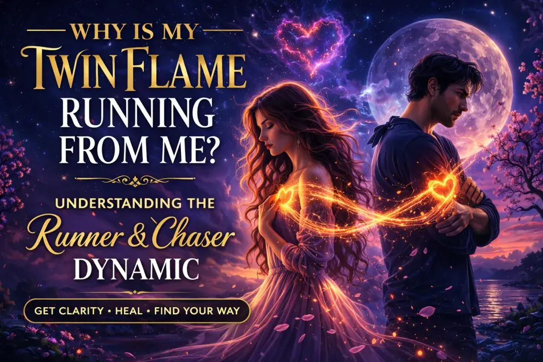 Mystical image of twin flames back to back connected by glowing energy, representing the runner and chaser dynamic in a twin flame relationship