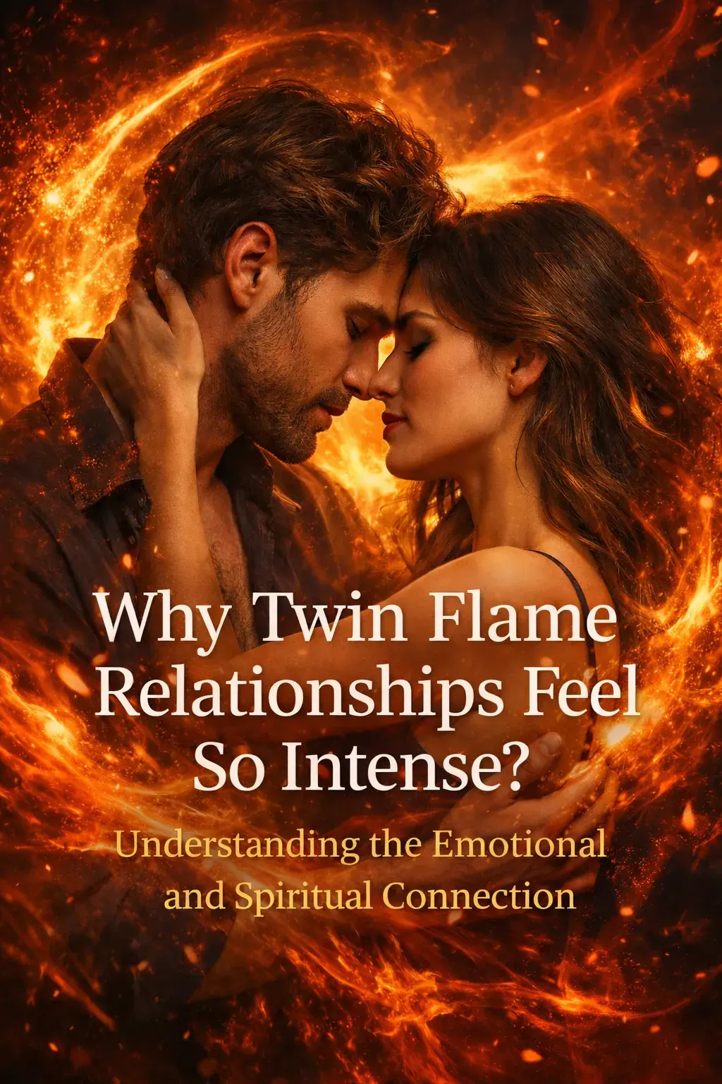 Romantic couple surrounded by fiery glowing energy representing the intense emotional and spiritual connection of twin flame relationships