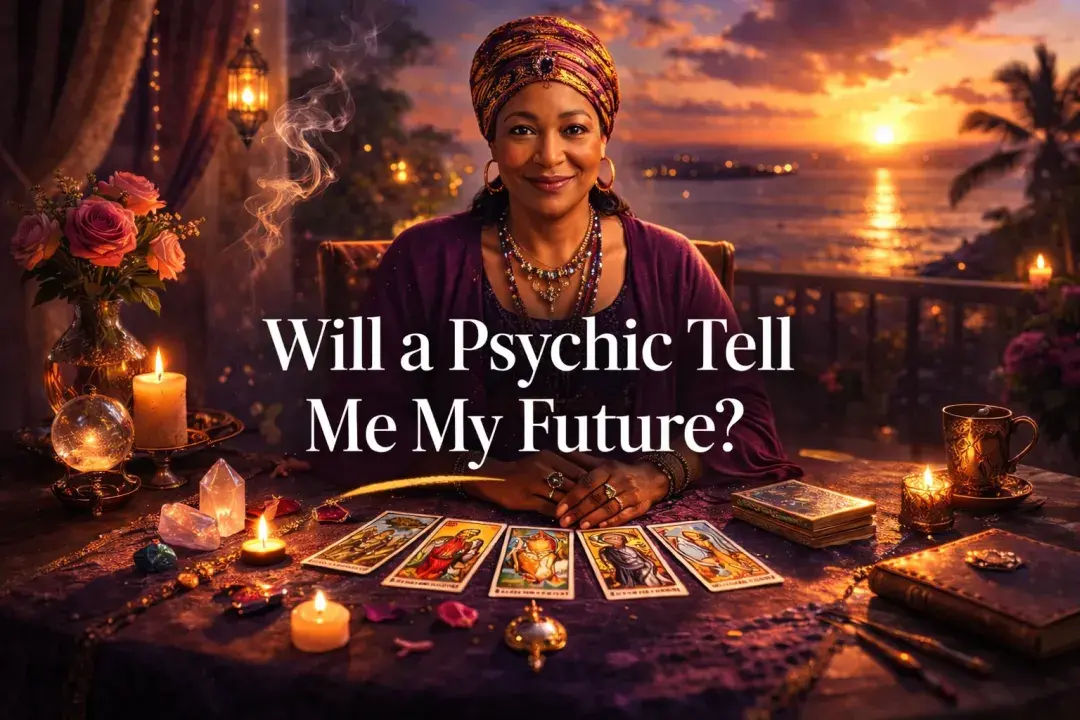 Psychic woman sitting at a tarot table looking at the camera with text Will a psychic tell me my future