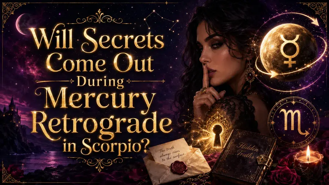 Mercury retrograde in Scorpio image with glowing text, Scorpio and Mercury symbols, and a woman making a shushing gesture.