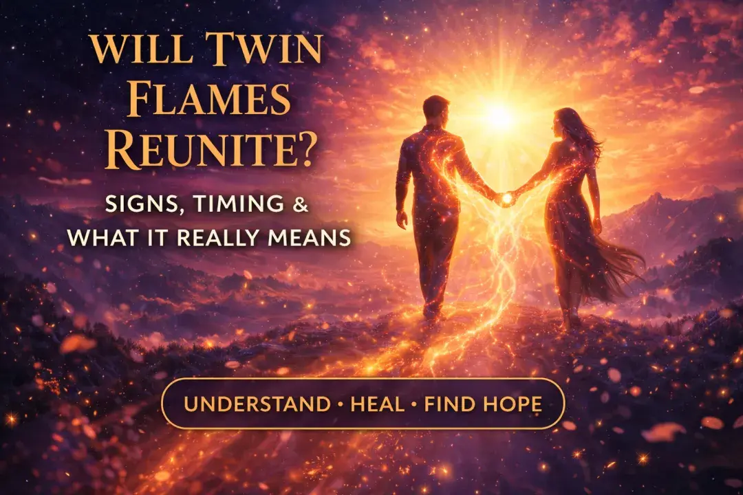 Twin flames walking toward each other in a glowing sunrise, symbolizing reunion, emotional connection, and spiritual timing