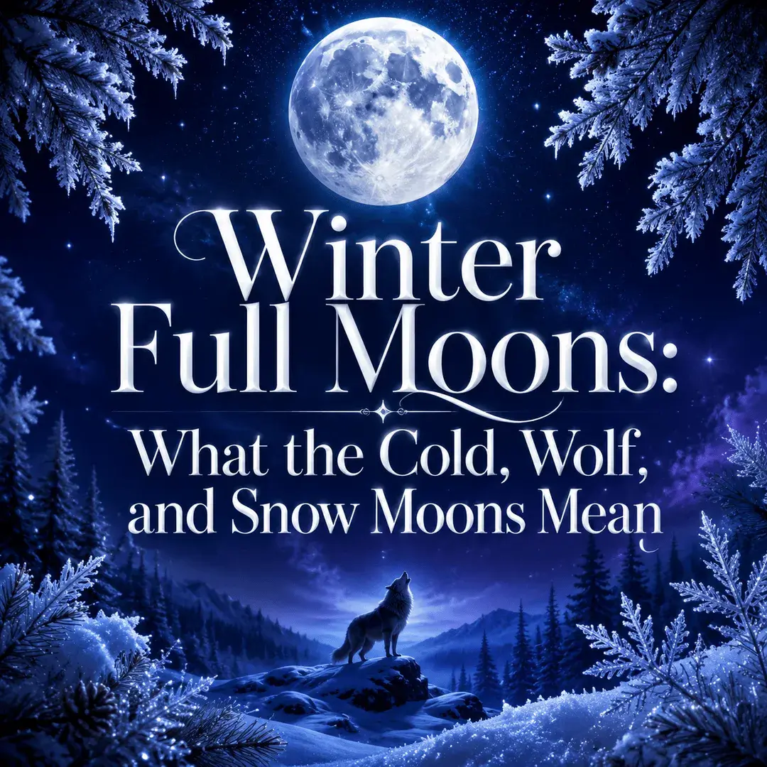 Winter full moon above a snowy forest with a wolf beneath icy branches.