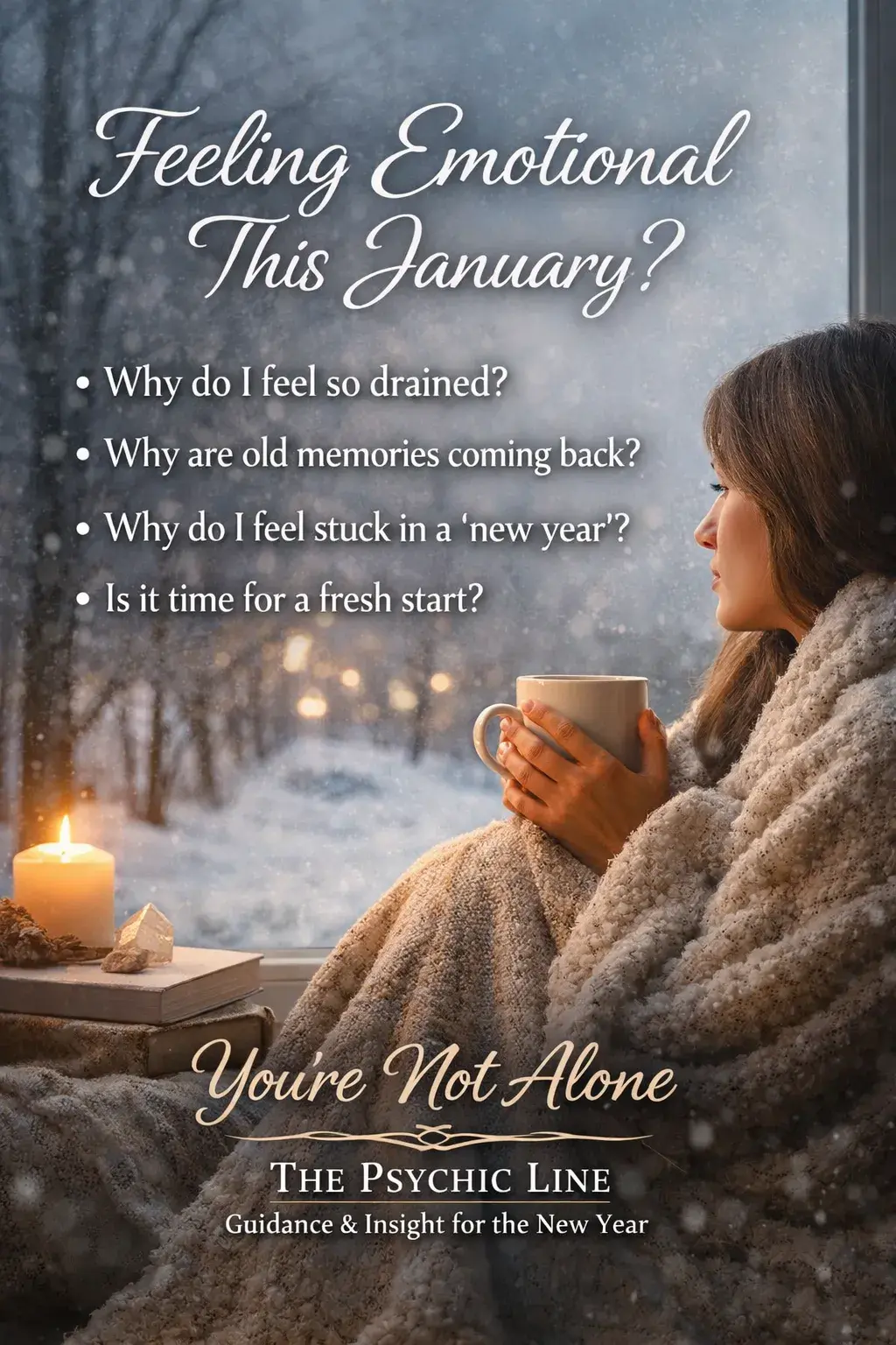 Woman reflecting by a snowy window in January, feeling emotional and seeking clarity during the new year.