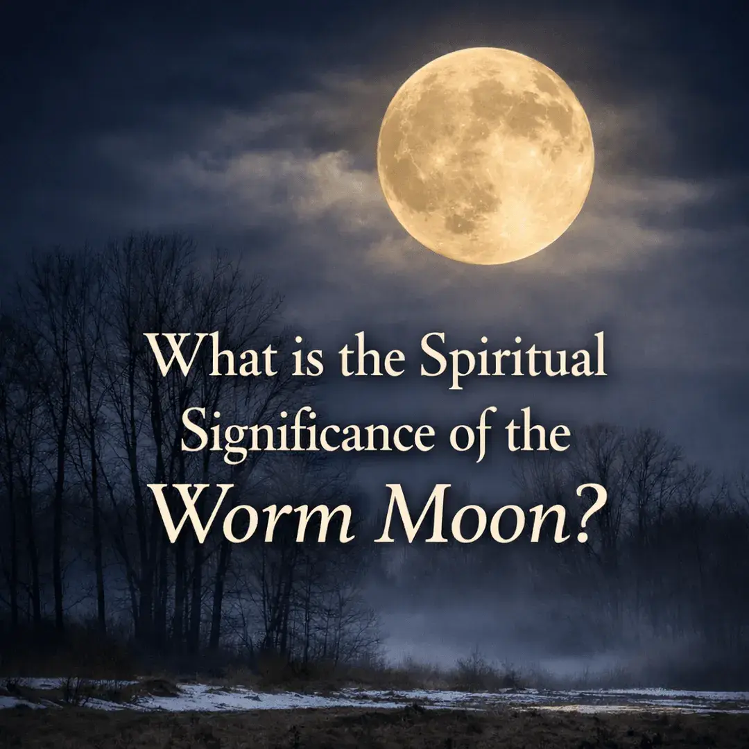 Full Worm Moon rising over bare winter trees with the title “What is the Spiritual Significance of the Worm Moon?” symbolizing renewal, awakening, and the March full moon