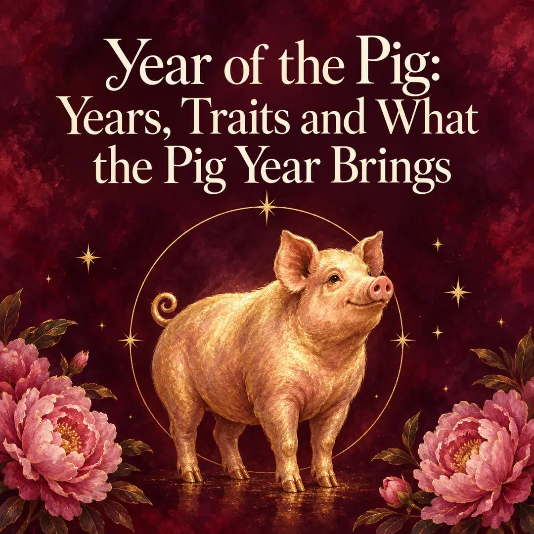 Golden pig inside a gold ring with pink peonies on crimson