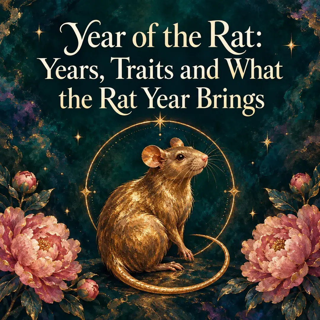 Golden rat inside a gold ring with pink peonies