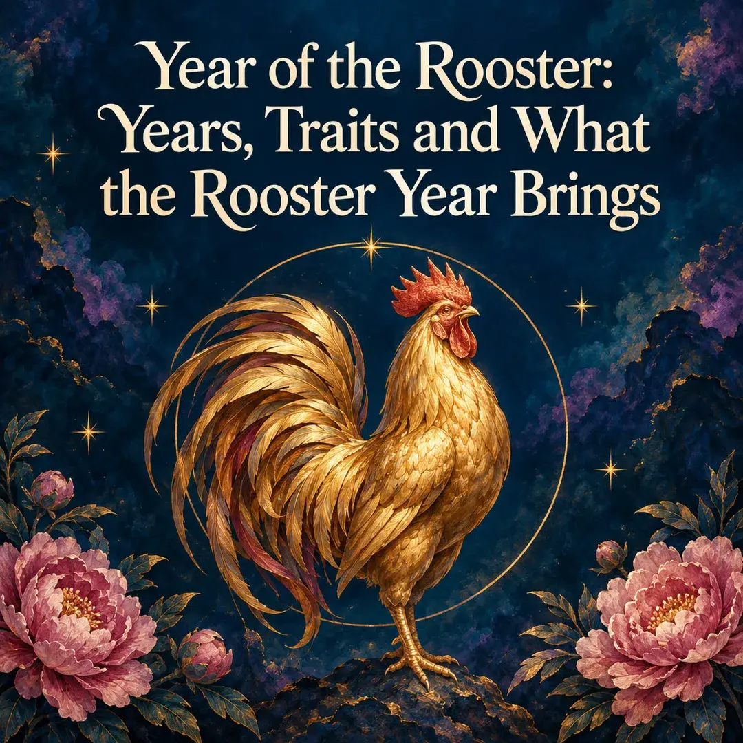 Golden rooster inside a gold ring with pink peonies