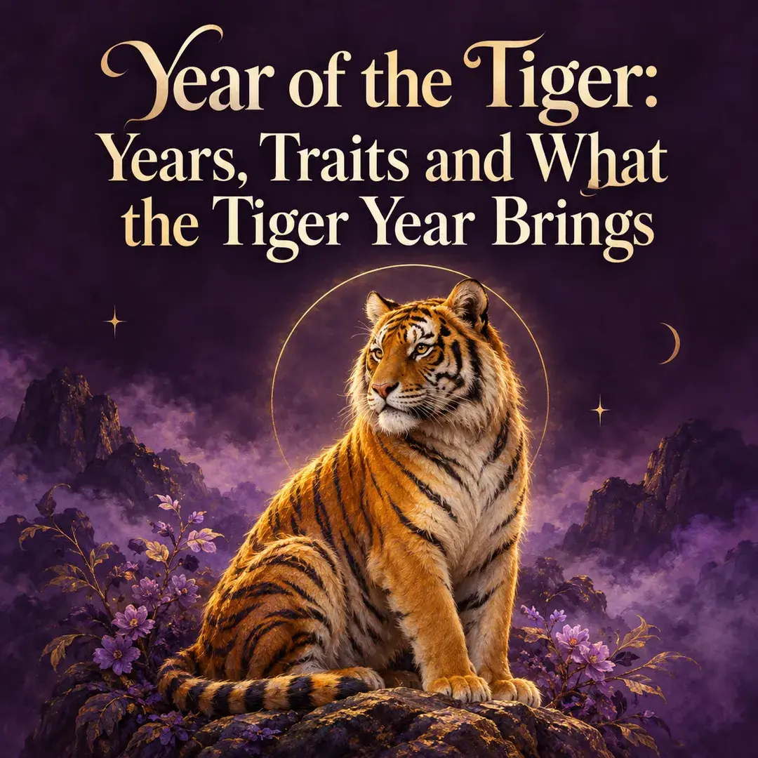Golden tiger sitting on a rock under a violet sky