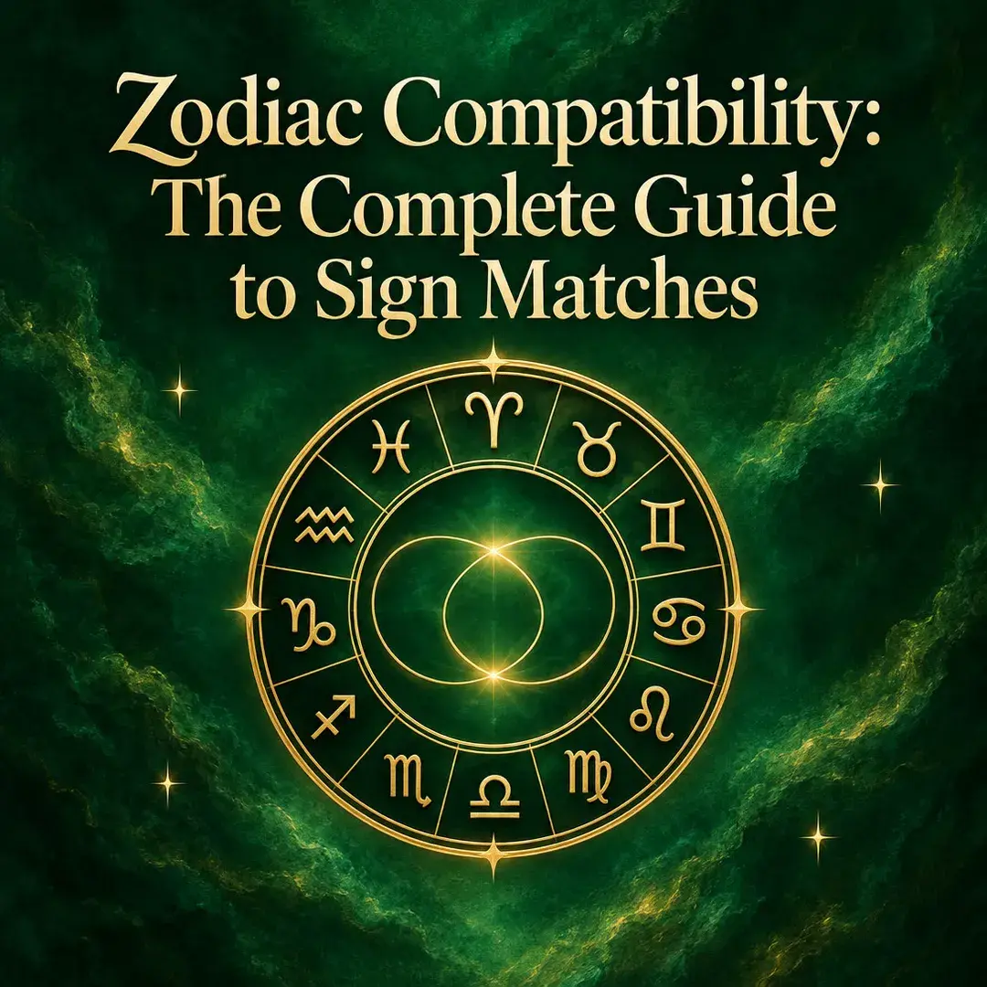 Gold zodiac wheel with all twelve signs on emerald green