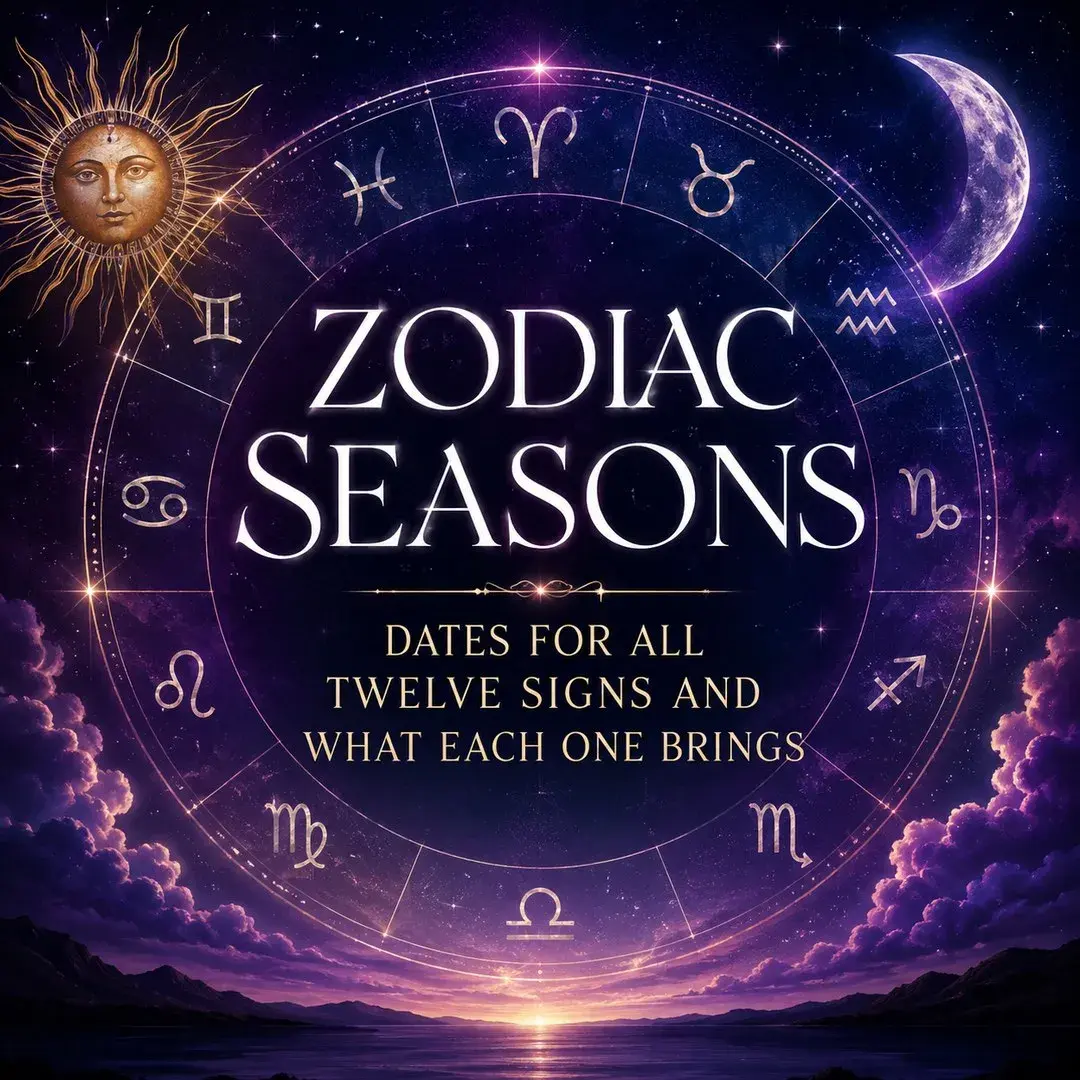 Zodiac seasons wheel showing all twelve sign symbols in a starry violet sky, with a golden sun and crescent moon above sunset clouds