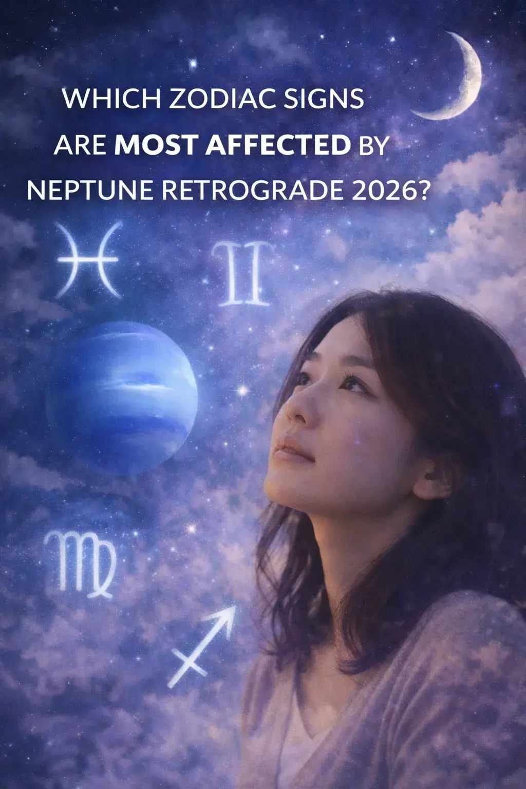 woman looking up at zodiac symbols during Neptune retrograde 2026 with Pisces, Gemini, Virgo, and Sagittarius highlighted in a cosmic sky