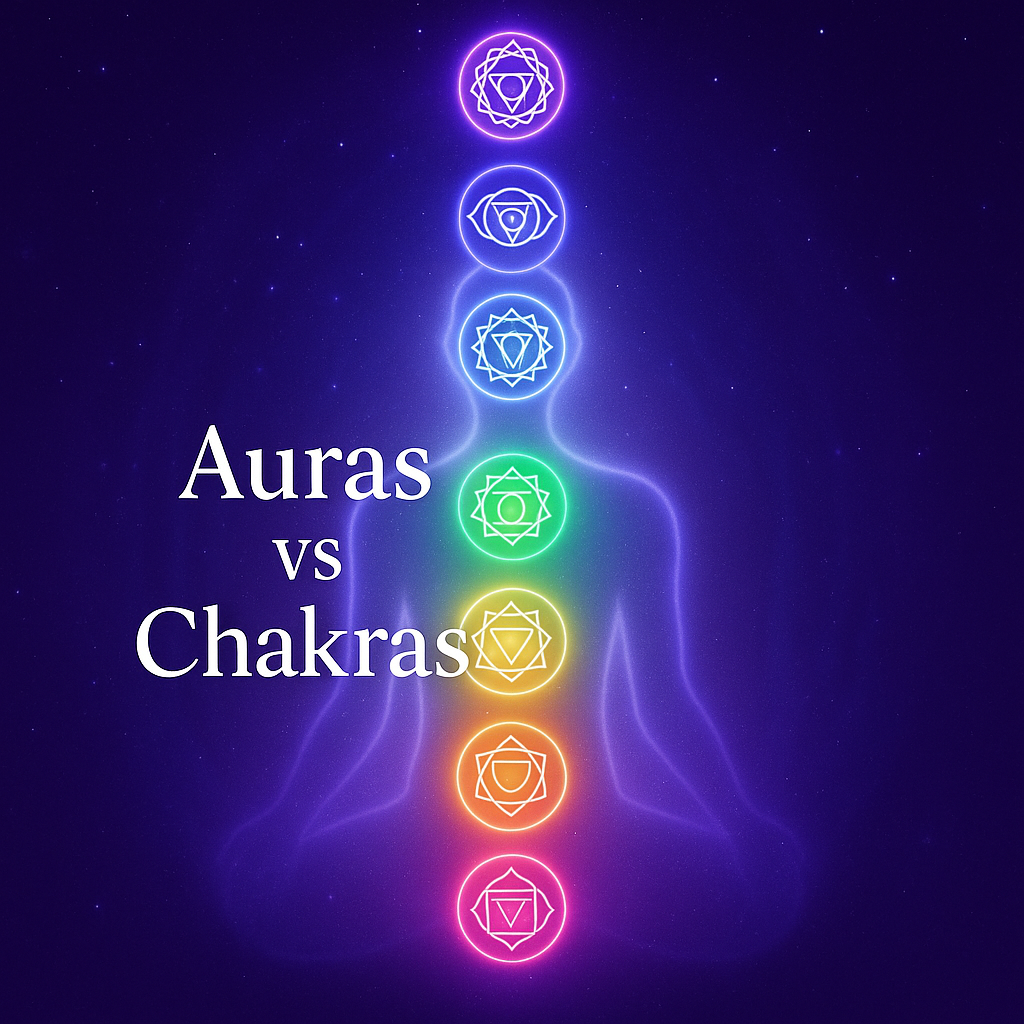 Glowing human silhouette with seven colorful chakras on cosmic purple background