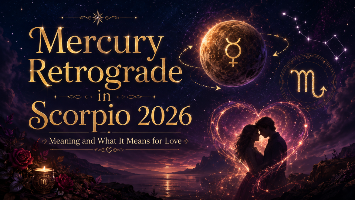 Mercury Retrograde in Scorpio 2026 astrology image with Scorpio symbol, golden celestial text, and a romantic couple silhouette inside a glowing heart under a mystical night sky.