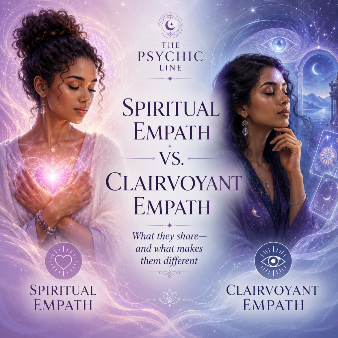 Two intuitive women surrounded by soft pink and blue energy, symbolizing emotional sensitivity, spiritual awareness, and psychic vision.